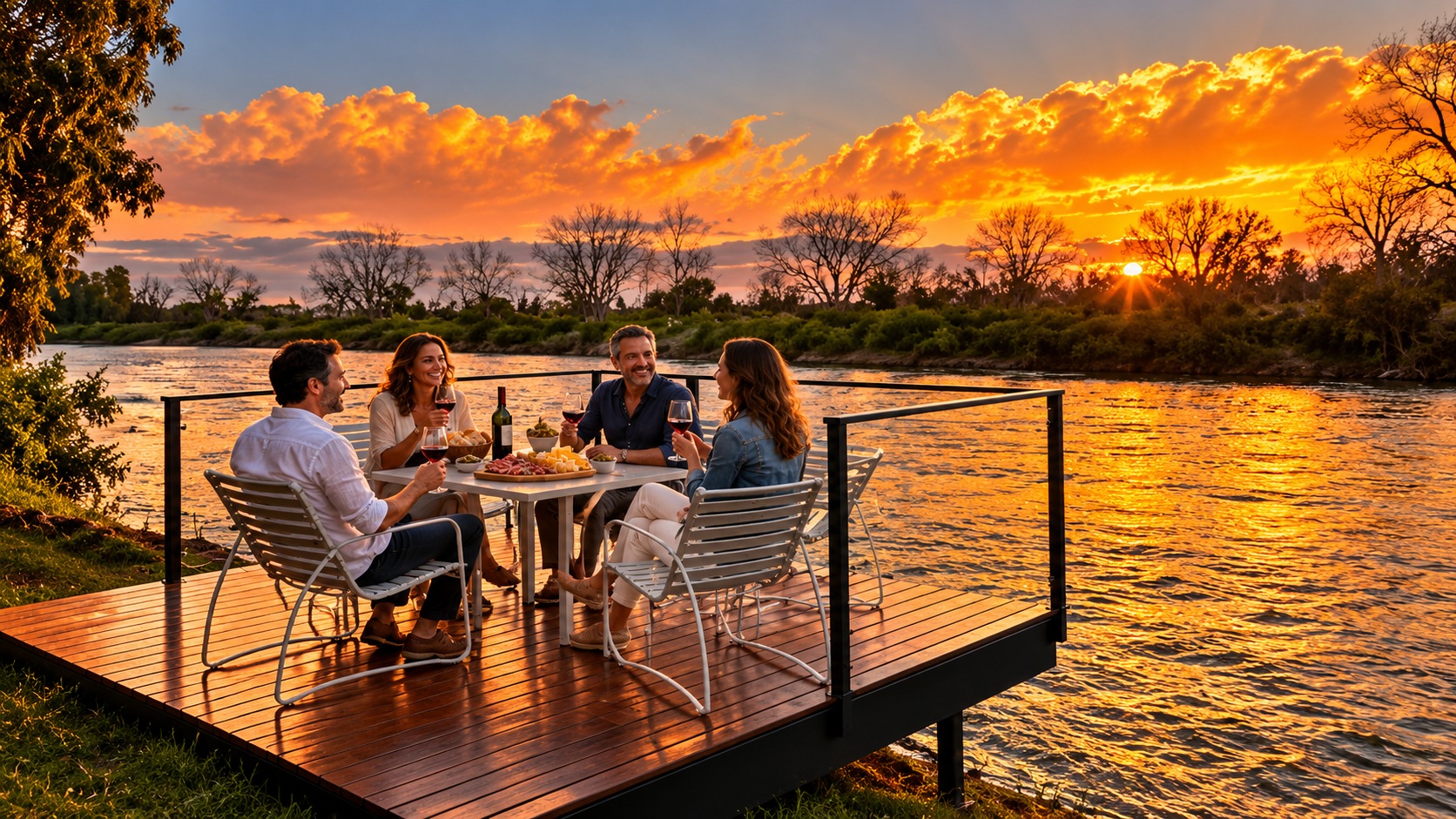 Amigos compartiendo vino y una picada junto al río al atardecer