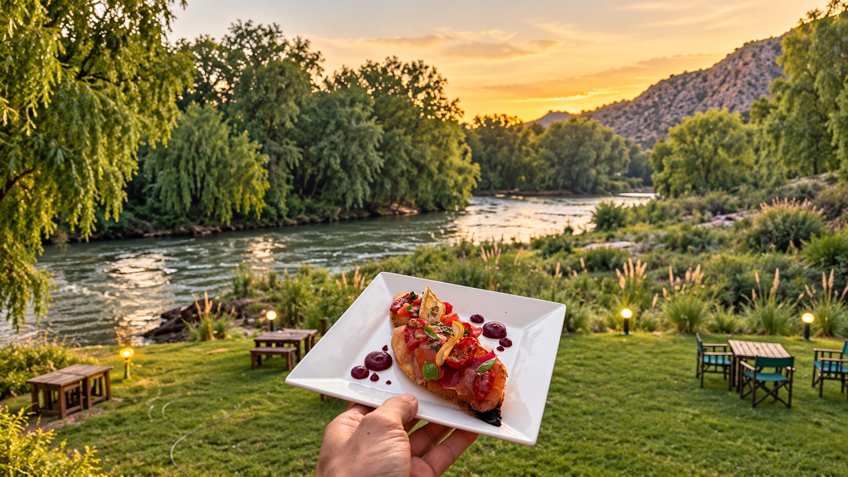 Gastronomía junto al río Atuel al atardecer