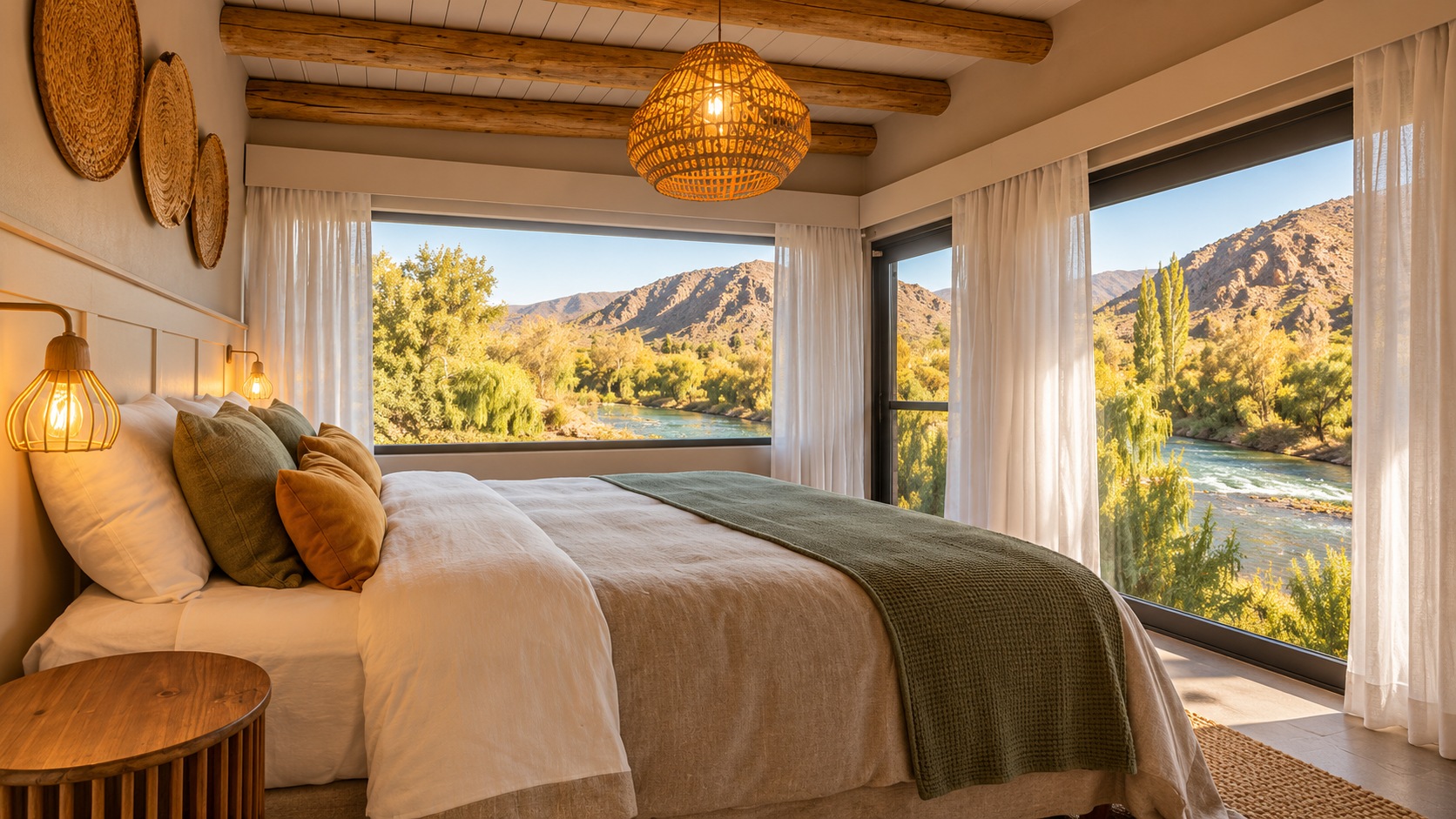Habitación cálida con vista al río y las montañas