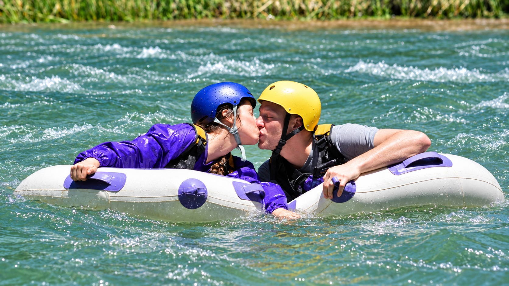 Una pareja disfrutando del río Atuel en flotadores