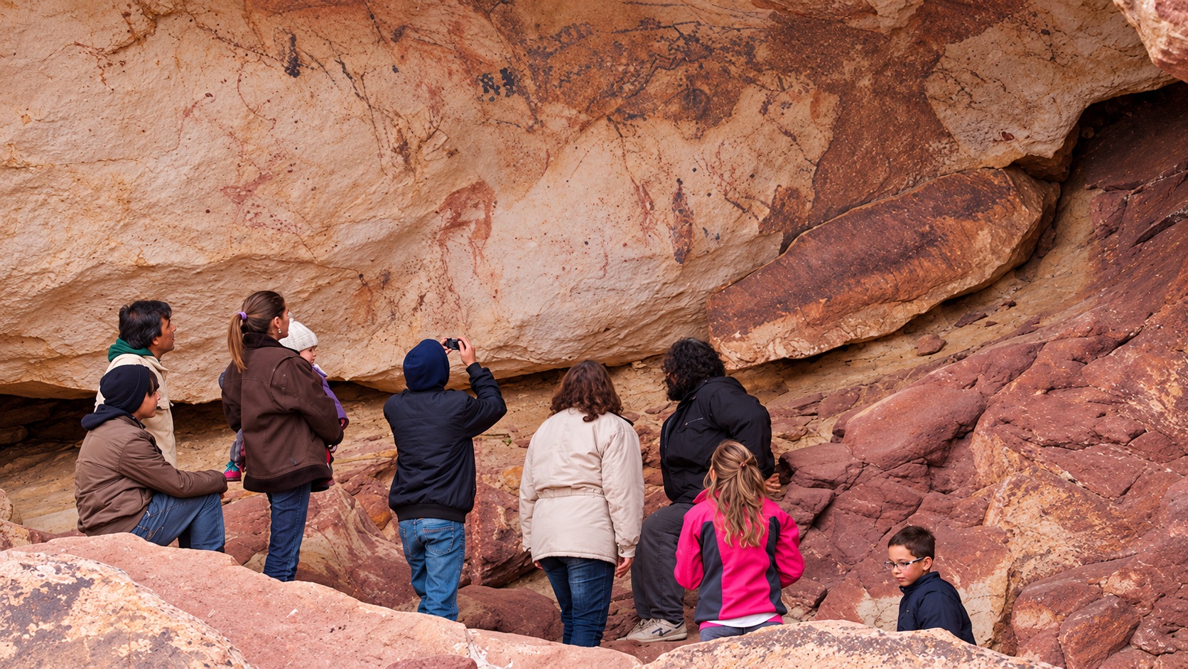 Visitantes observando pinturas rupestres en un refugio rocoso