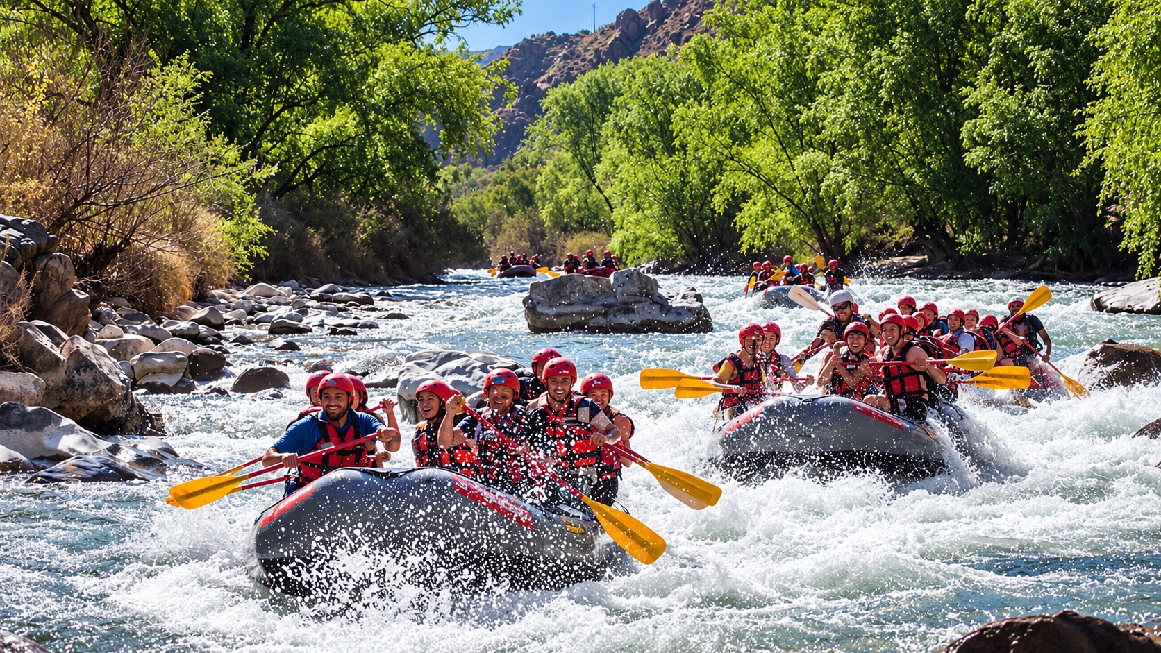 Grupos disfrutando del rafting en los rápidos del río Atuel